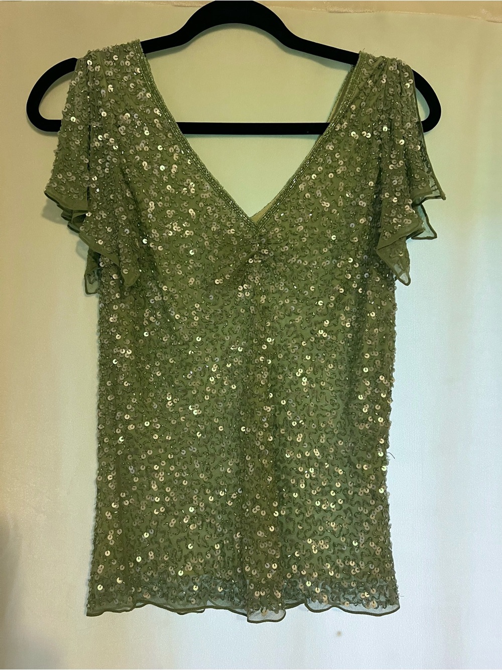 Vintage Green Silk + Sequin V-Neck Flutter Sleeve Top